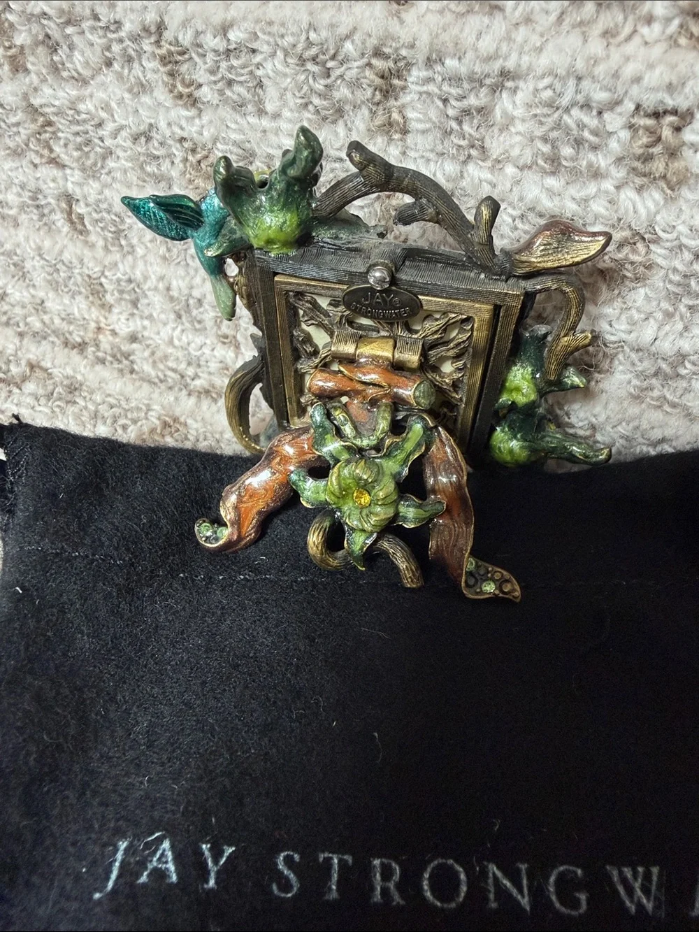 Jay Strongwater Green Enamel Floral Mini Frame Pin with Hummingbird Accent